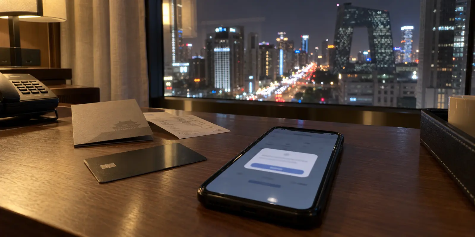 A banking app stops at a prompt on a Beijing hotel desk at night