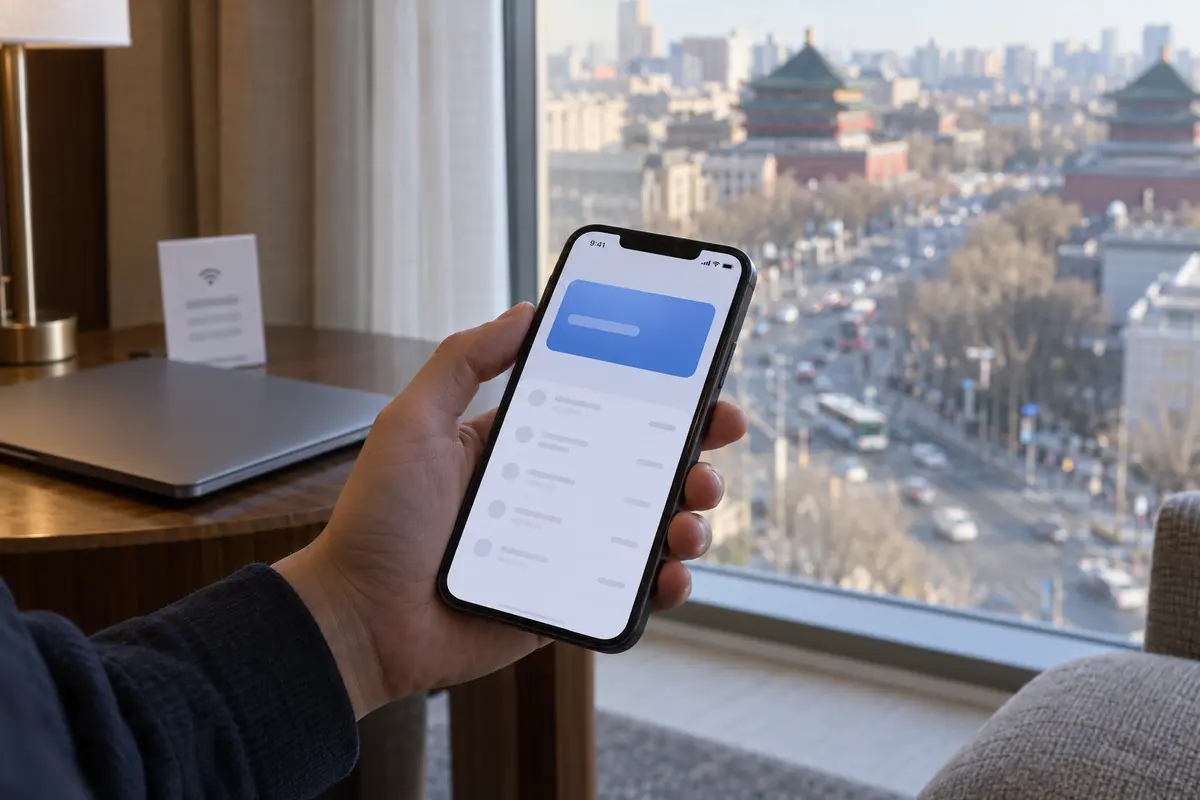 A traveler uses a plain banking account screen over cellular data in a Beijing hotel