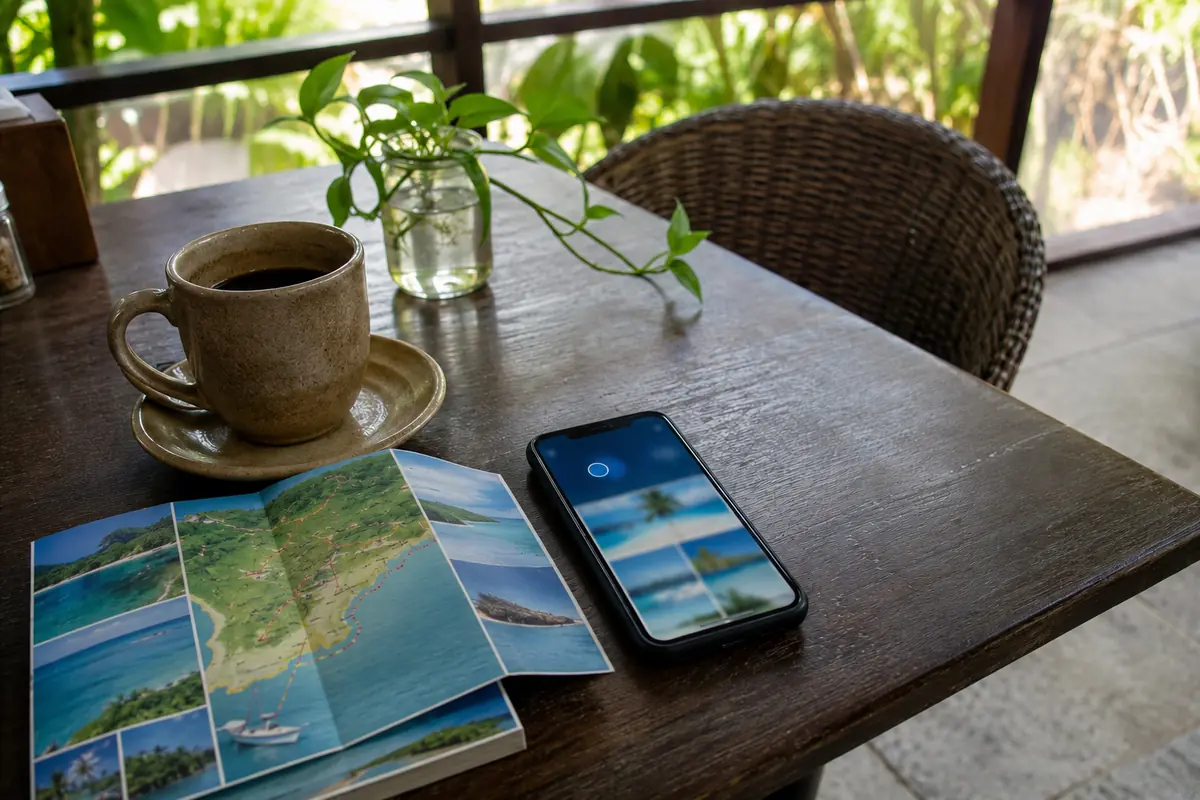 Teléfono junto a una guía de excursiones en una mesa de terraza en República Dominicana
