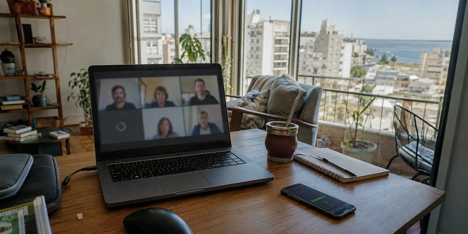 Videollamada congelada en un portátil mientras un teléfono mantiene datos móviles en un apartamento de Montevideo