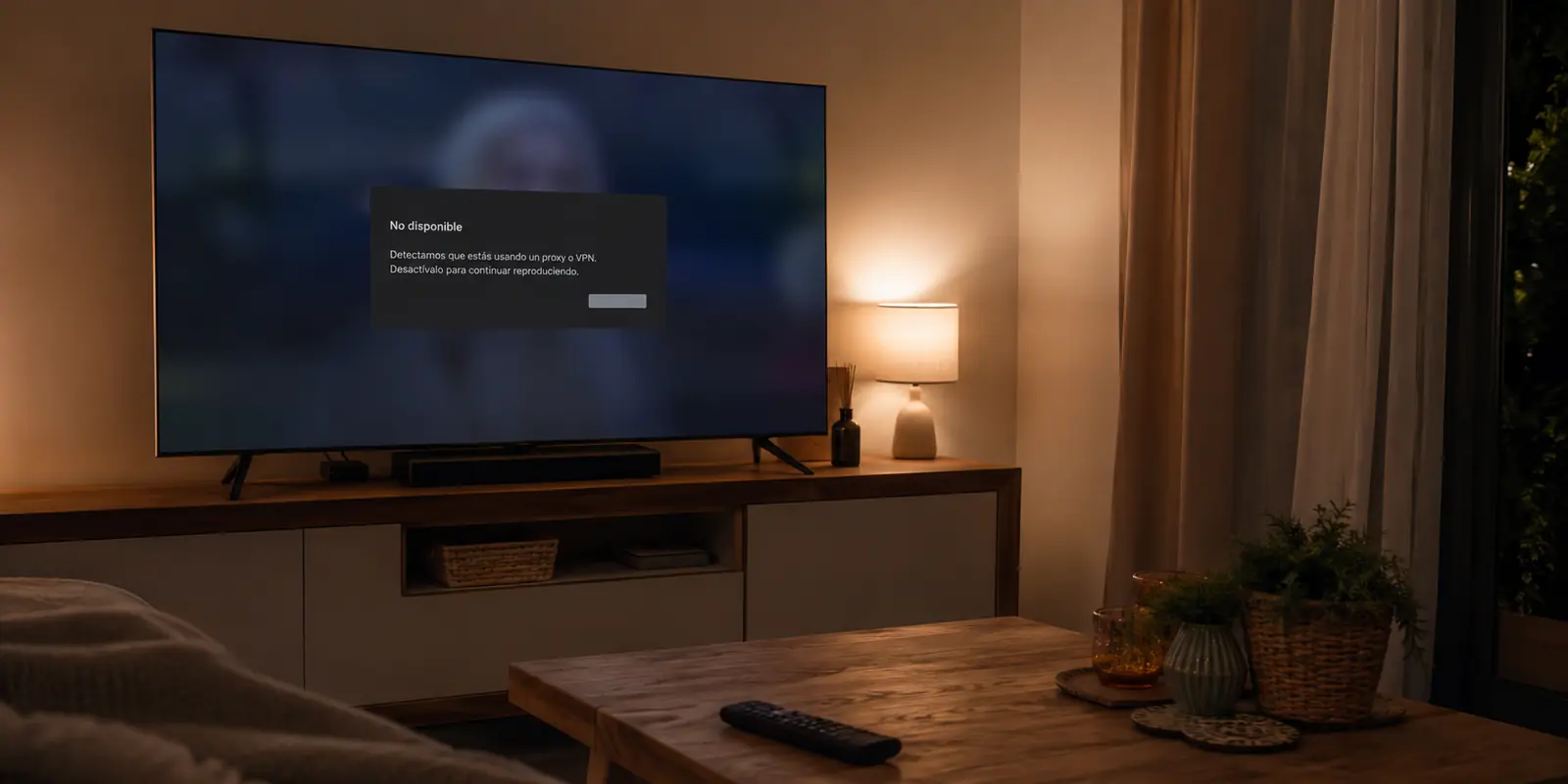 Televisor que interrumpe una reproducción al detectar una conexión VPN en una sala de estar