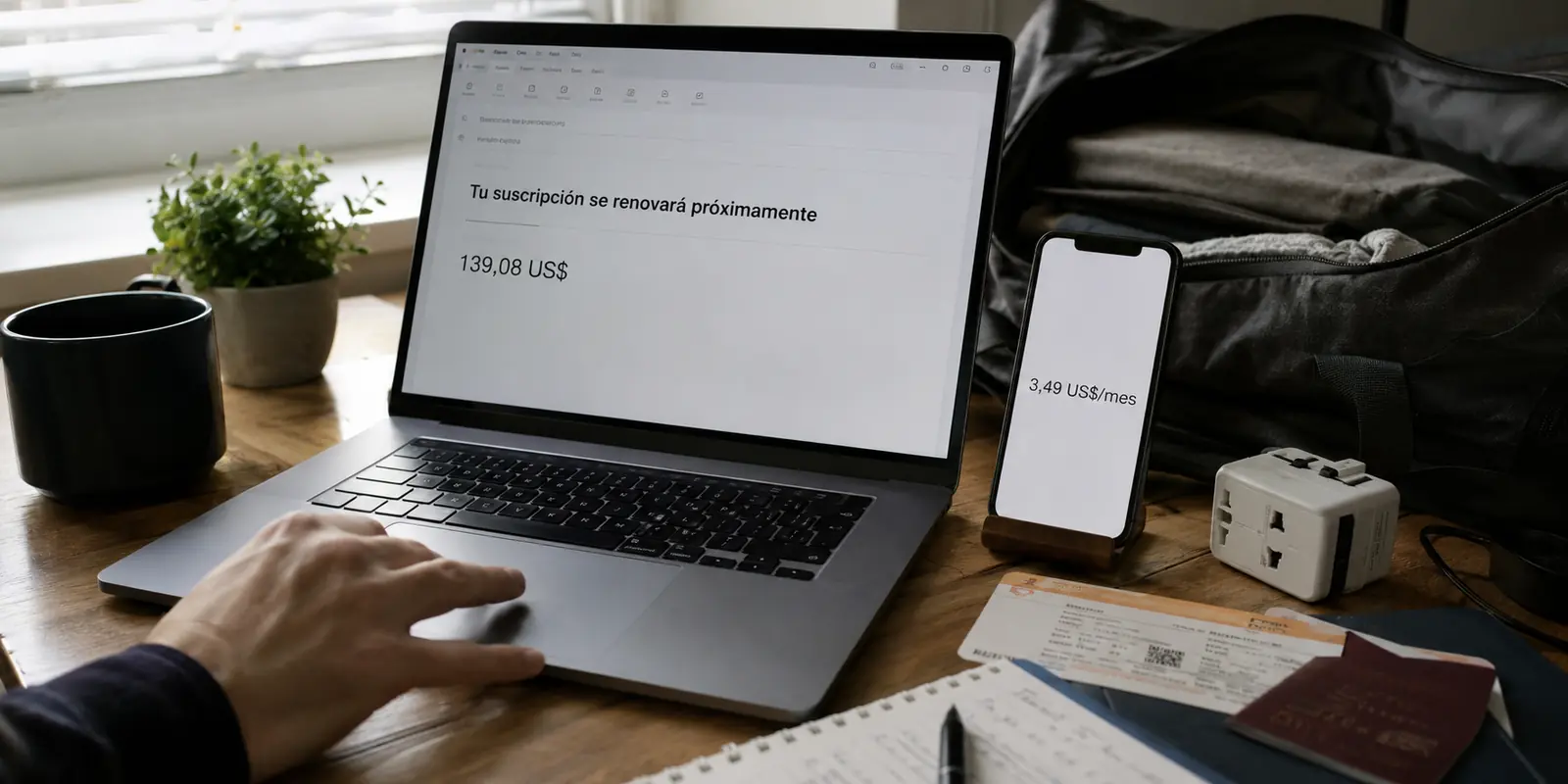 Un correo de renovación muestra 139,08 dólares mientras el precio promocional aparece en el teléfono.