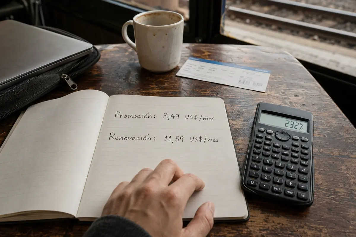 Un cuaderno compara el precio mensual promocional con el equivalente mensual de renovación.