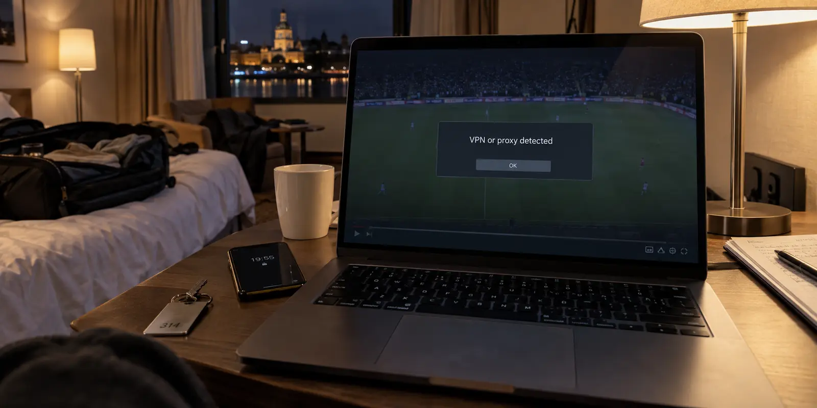 A live football stream blocked by a VPN detection message in a hotel room