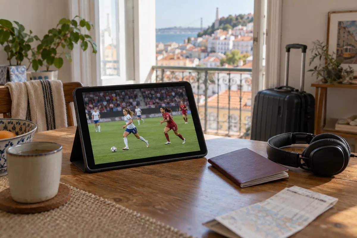 A traveler watching a live football match directly on a tablet in Lisbon