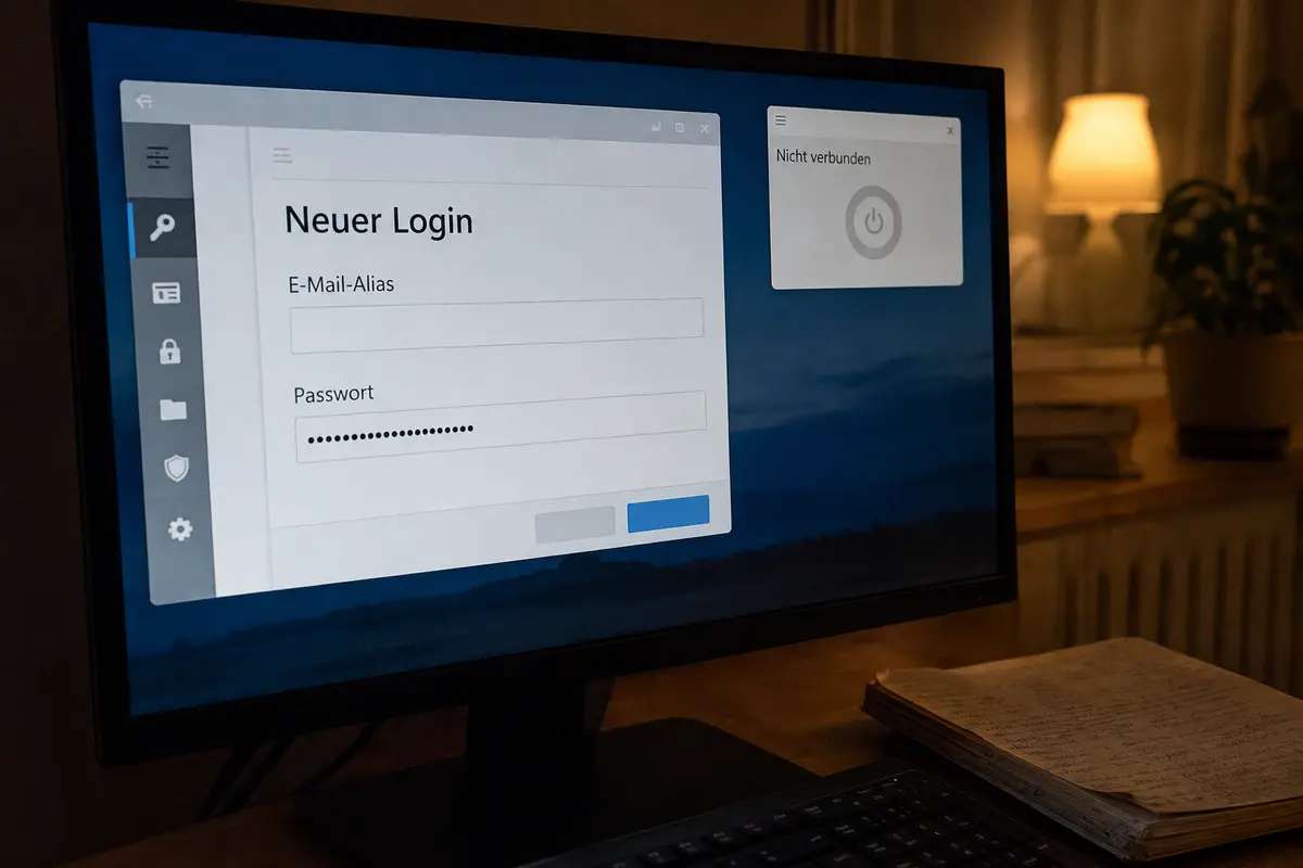 Passwortmanager und E-Mail-Alias werden eingerichtet, während der VPN noch nicht verbunden ist