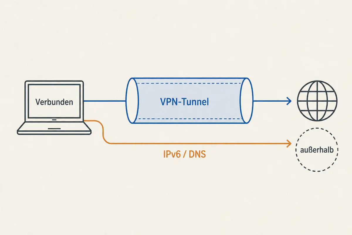 Technische Darstellung eines VPN-Tunnels, den IPv6- oder DNS-Verkehr umgehen kann