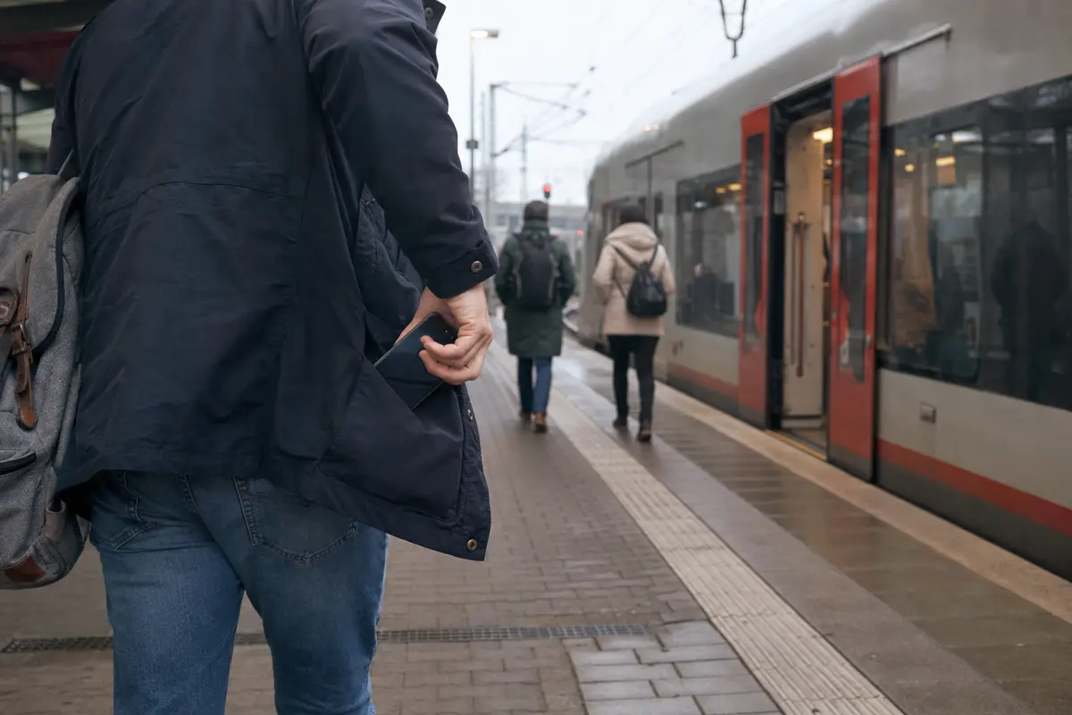 Ein Reisender steckt sein Android-Handy ein und geht zum bereitstehenden Zug