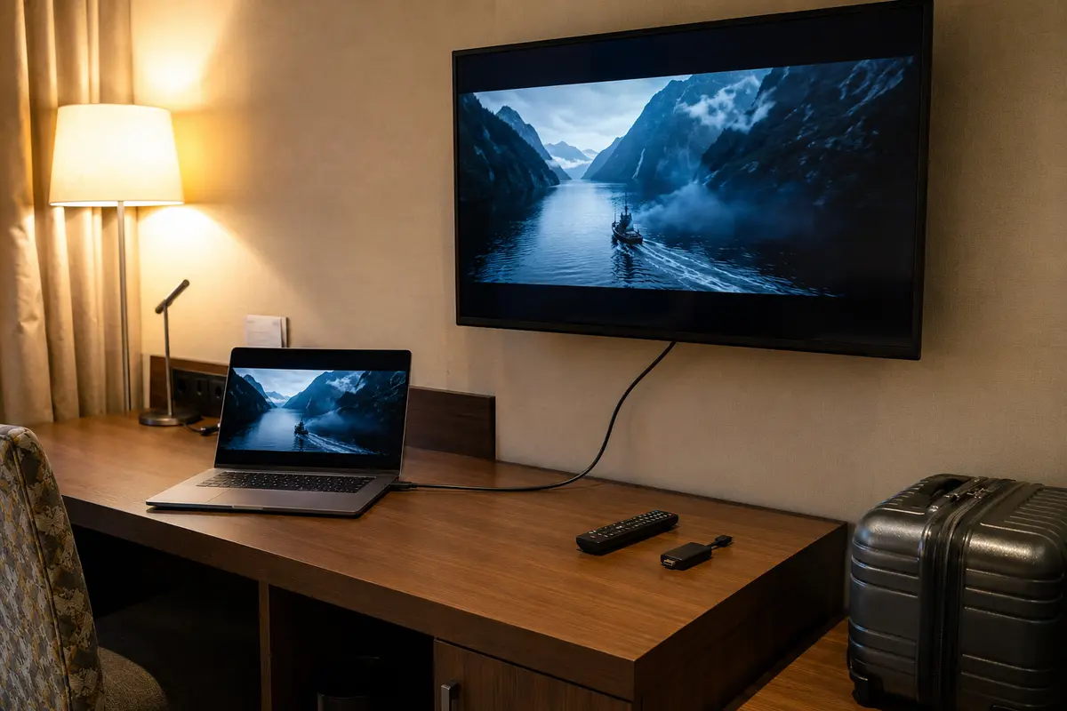 Ein Laptop überträgt den laufenden Stream per HDMI auf den Hotel-Fernseher