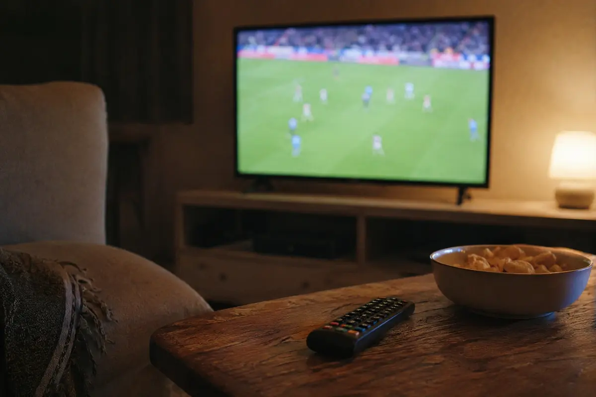 Eine abgelegte Fernbedienung vor einem ruhig laufenden Fußballstream im Wohnzimmer
