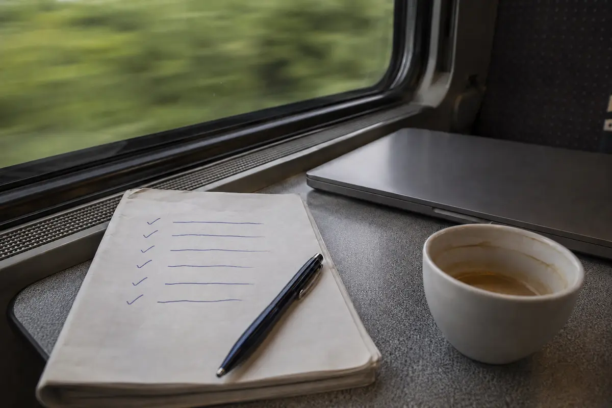 Eine abgehakte Arbeitsliste neben geschlossenem Laptop und leerer Kaffeetasse auf einem Zugtisch