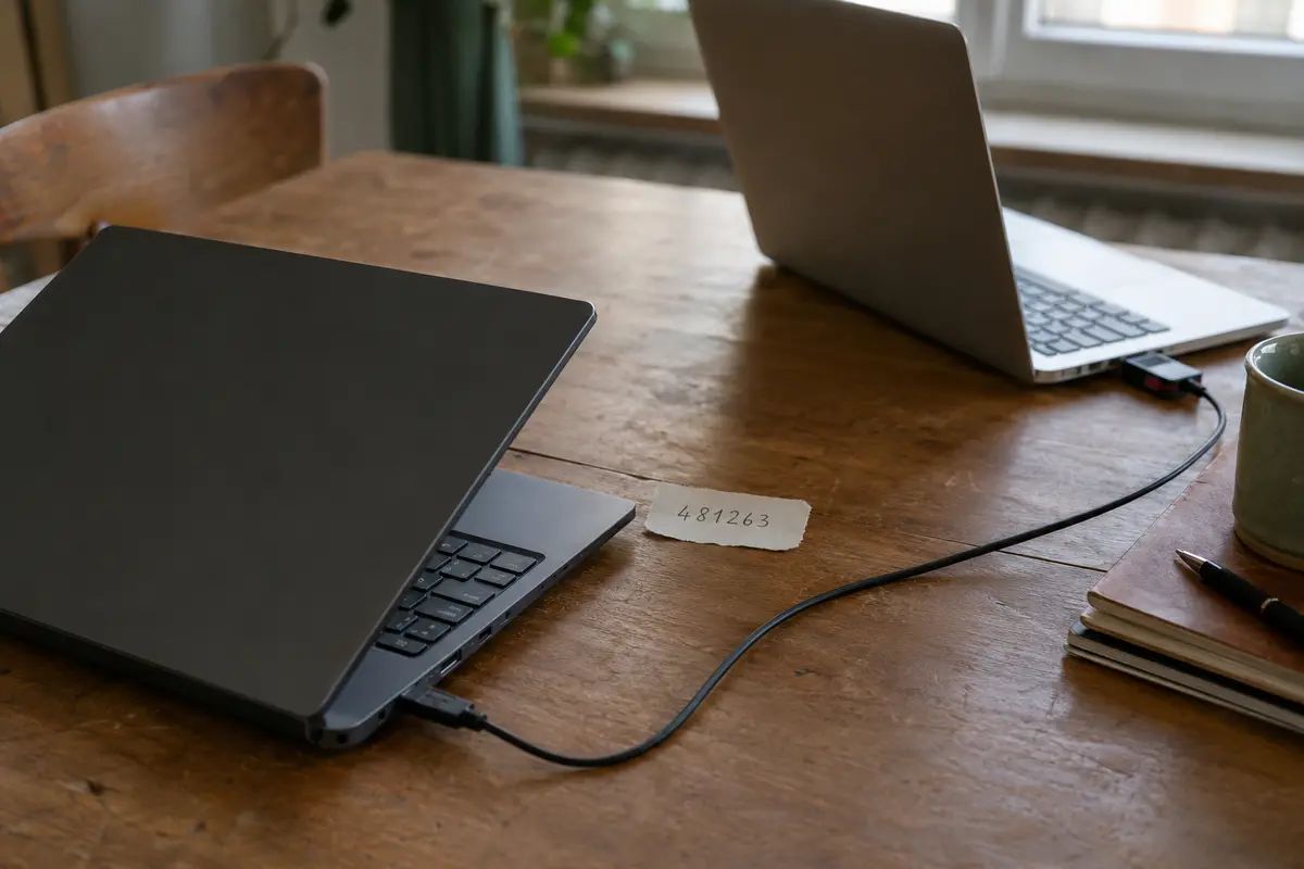 Zwei Laptops werden über einen sechsstelligen Verifizierungscode auf einem Zettel miteinander verbunden