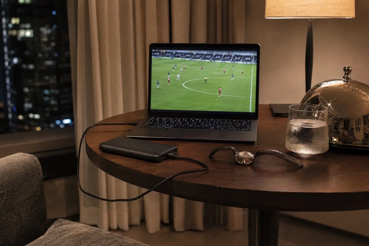 Ein stabiler Fußballstream läuft nach dem Netzwechsel wieder auf dem Laptop, während das verbundene Smartphone unberührt danebenliegt