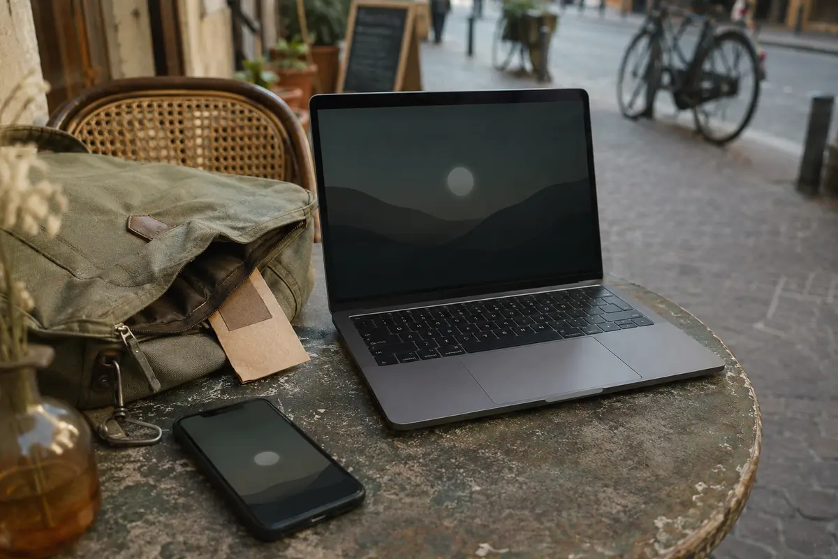 Laptop und Smartphone liegen mit Hotelunterlagen und Tagesrucksack auf einem Straßencafé-Tisch zwischen zwei Reiseetappen