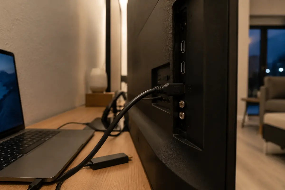 Ein HDMI-Kabel verbindet den Laptop direkt mit dem Fernseher, während der Streaming-Stick ausgesteckt danebenliegt