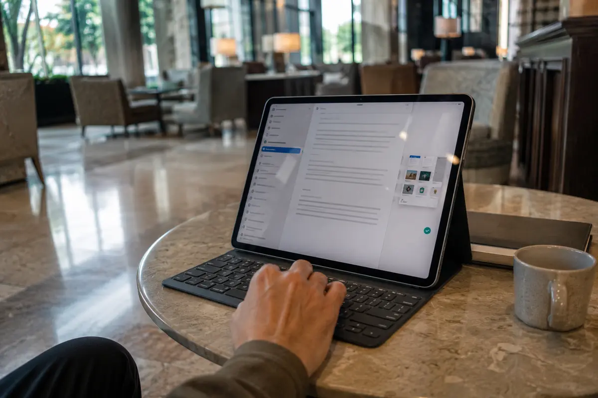 Ein geöffnetes iPad in einer Hotellobby mit einer vollständig verfügbaren Arbeitsdatei