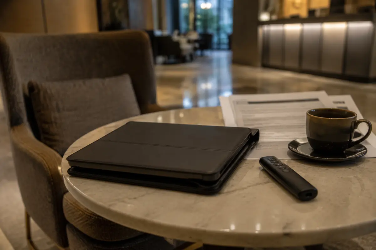 Das zusammengeklappte iPad liegt nach der Arbeit neben Unterlagen und einer leeren Tasse in der Hotellobby