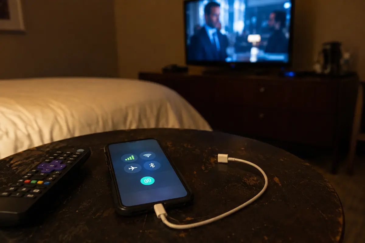 Ein Smartphone stellt im Hotel einen mobilen Hotspot bereit, während die Wiedergabe auf dem Fernseher weiterläuft