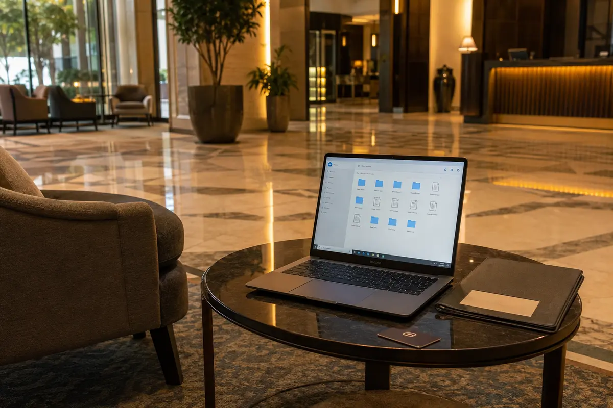Ein Laptop synchronisiert nach dem Ortswechsel in einer Hotellobby ohne neue Verbindungsrunde weiter