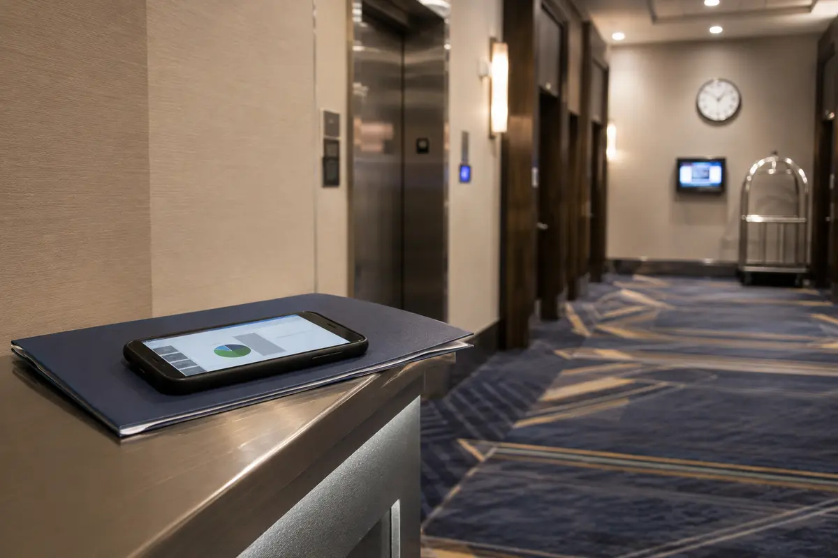 Eine Präsentation ist kurz vor dem Termin im Hotelflur auf dem Smartphone geöffnet