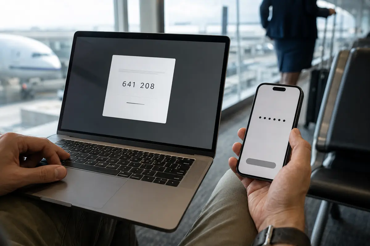 Ein sechsstelliger Verifizierungscode überträgt den VPN-Zugang am Flughafen vom Laptop auf das Smartphone