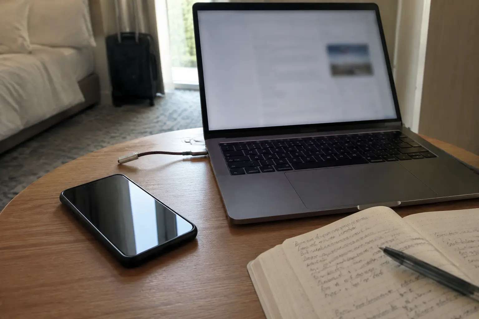 Laptop und Smartphone liegen im Hotelzimmer bereit, nachdem die Verbindung wieder funktioniert