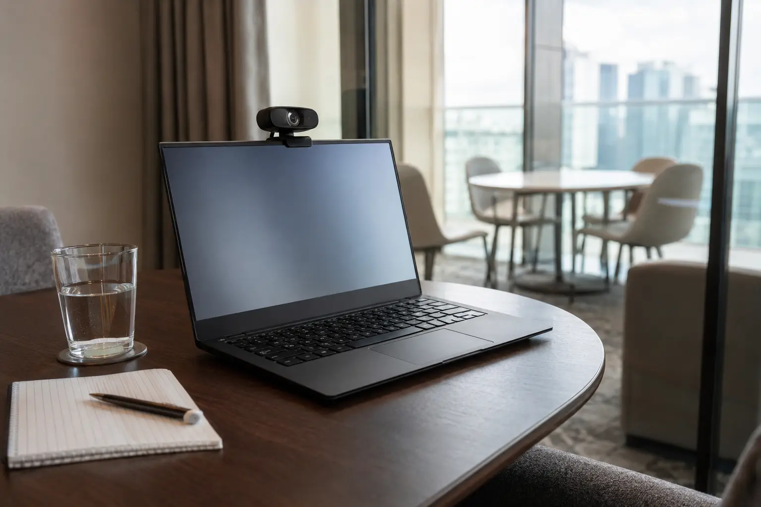 Bereiter Laptop mit Webcam in einem ruhigen Hotel-Meetingraum