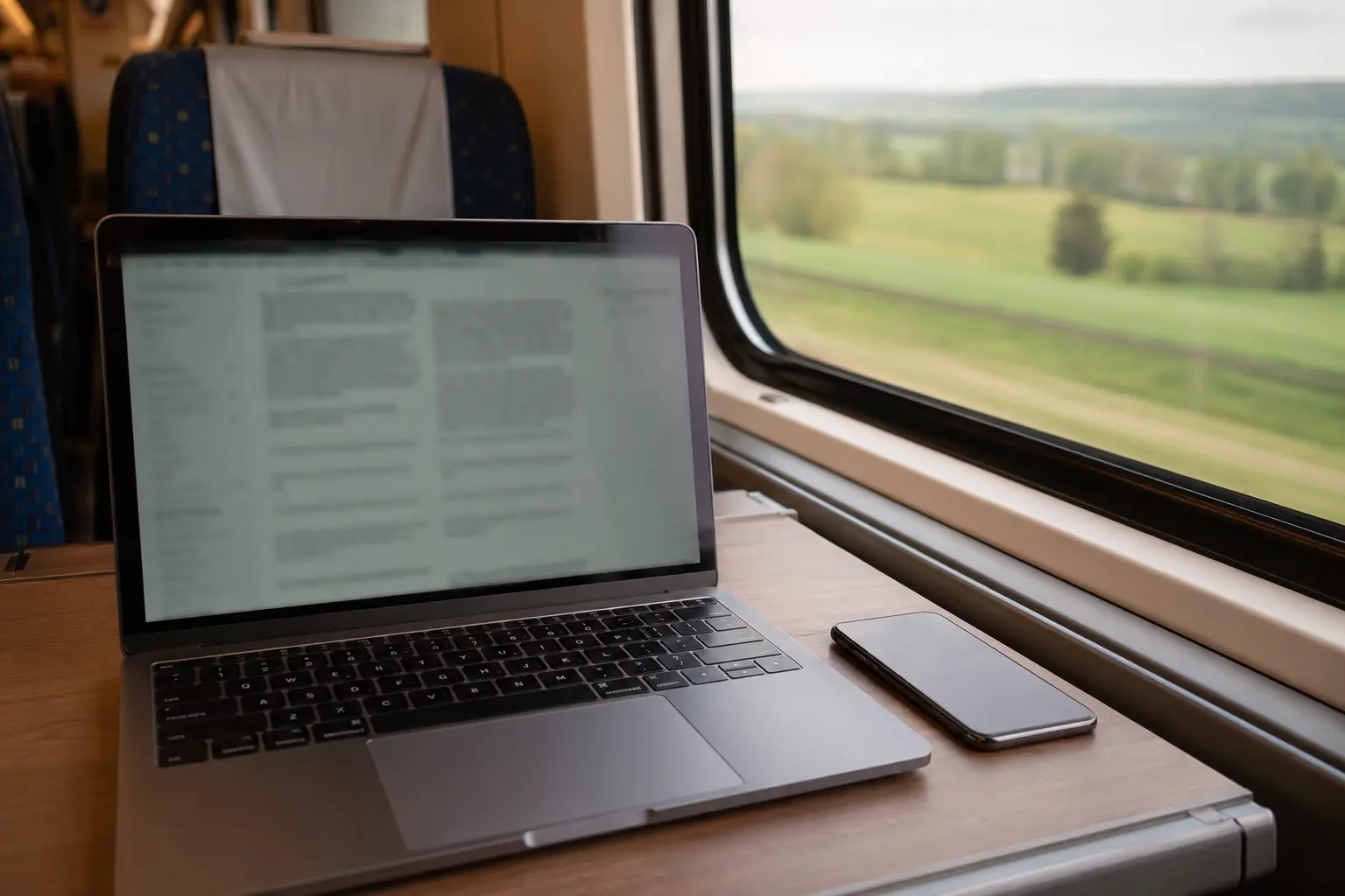 Laptop und Smartphone im Zug, während die Arbeit nach dem Netzwechsel weiterläuft
