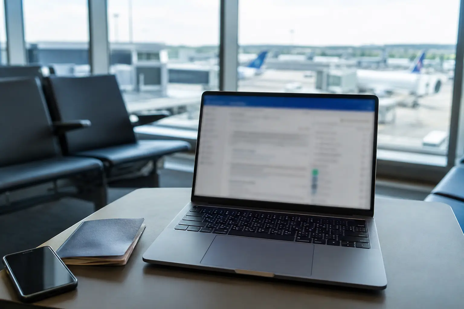 Laptop und Smartphone im Flughafen-Wartebereich nach der Verbindung mit dem öffentlichen WLAN
