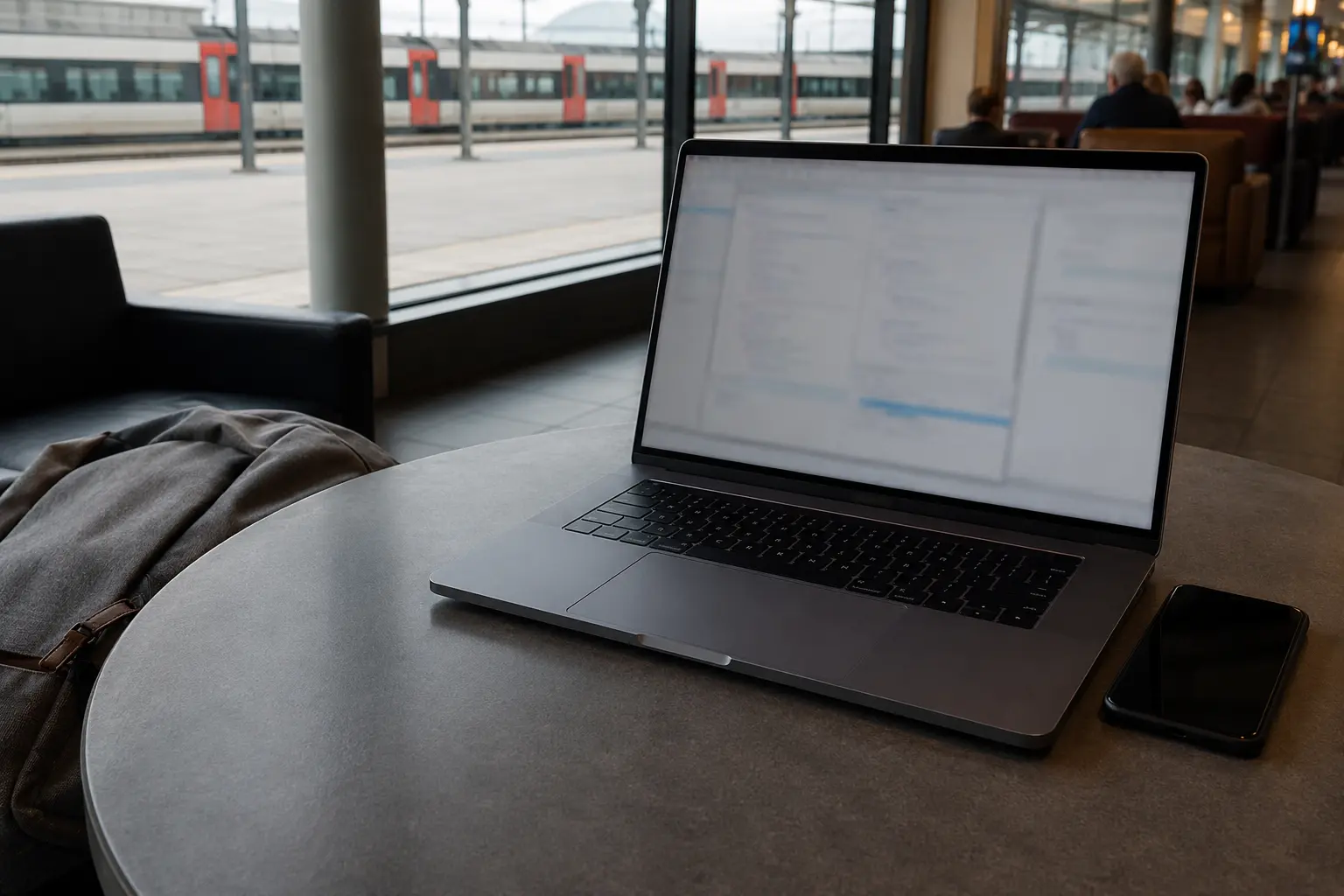 Laptop und Smartphone in einer Bahnhofslounge nach dem Netzwechsel