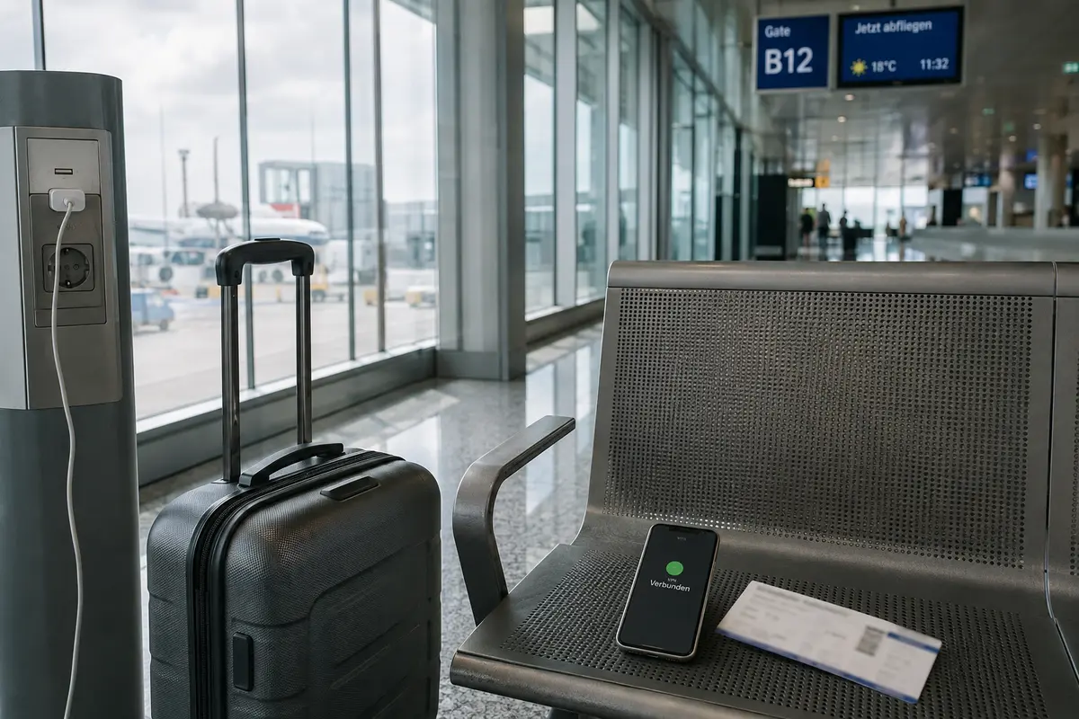 Ein verbundenes Smartphone liegt neben Handgepäck an einem Flughafen-Gate