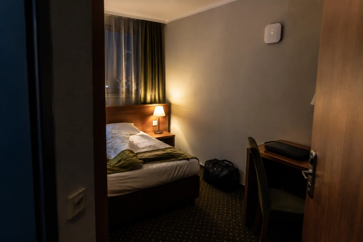 Ein schlichtes Hotelzimmer mit einem WLAN-Zugangspunkt an der Wand