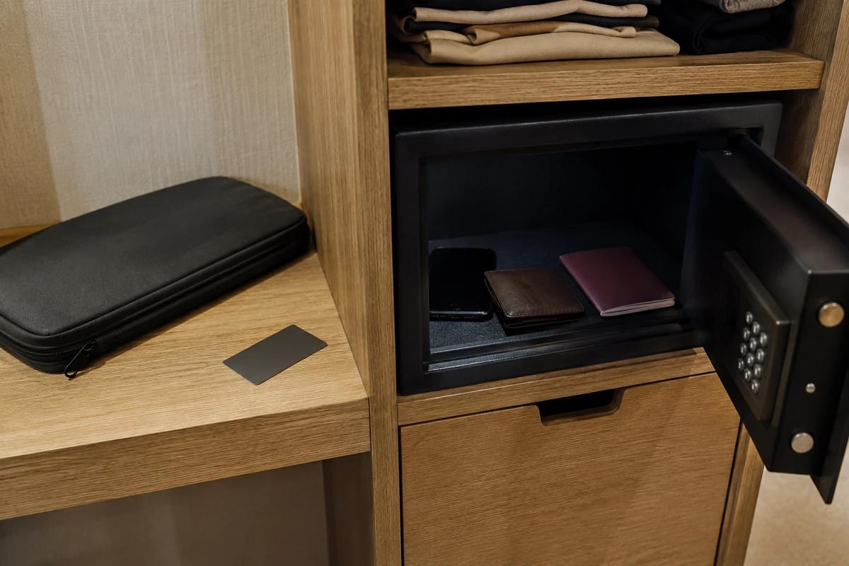 Persönliche Gegenstände liegen in einem Hotelsafe, während die Hülle des Reise-Laptops getrennt daneben liegt