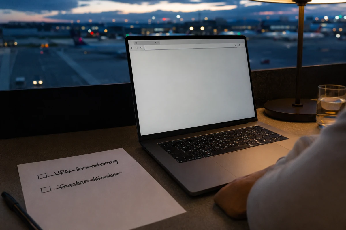 Neben einem aufgeräumten Browser sind VPN-Erweiterung und Tracker-Blocker auf einer Checkliste durchgestrichen