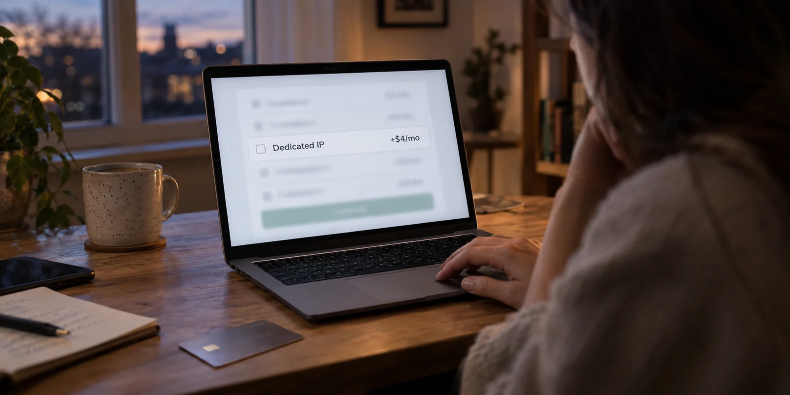 A VPN checkout offers a dedicated IP add-on for an extra monthly fee.