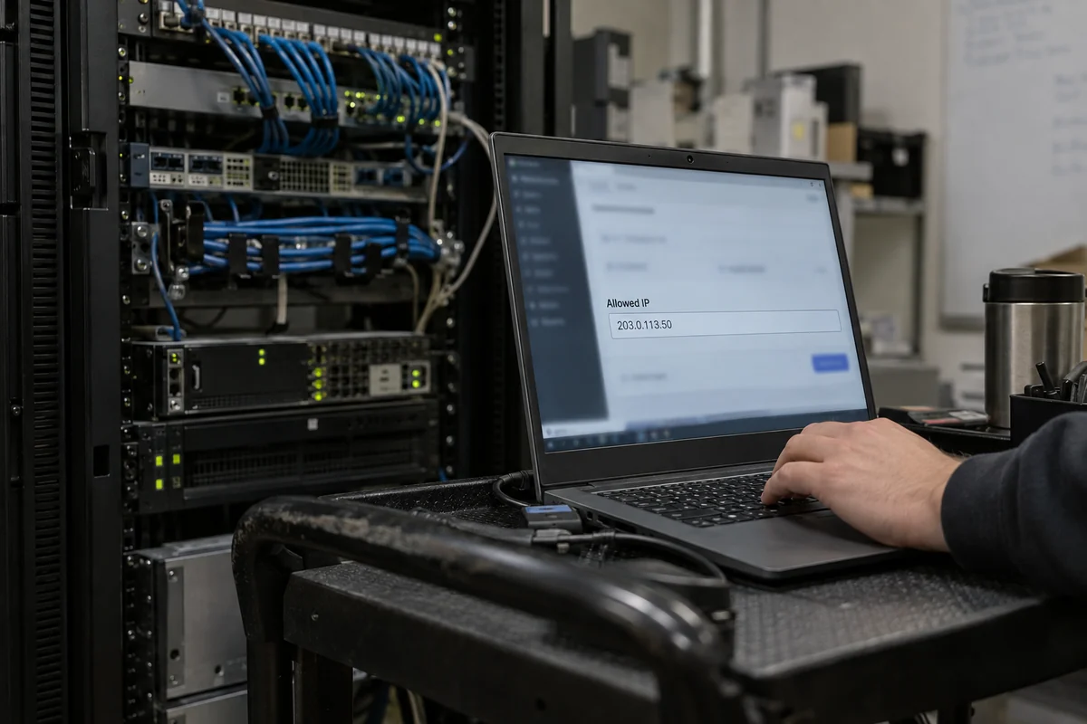 A network administrator adds a fixed public IP to a corporate firewall allowlist.