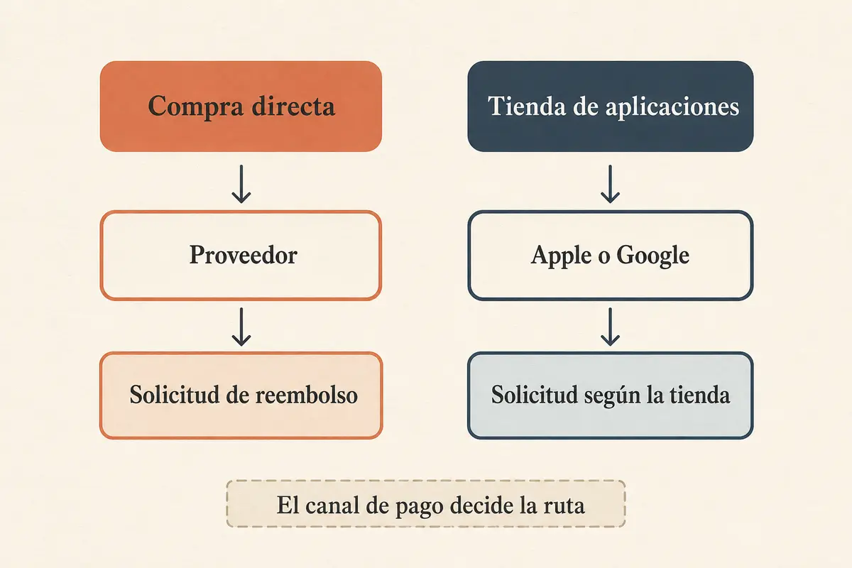 Dos rutas de reembolso según la compra se haga directamente al proveedor o mediante una tienda de aplicaciones