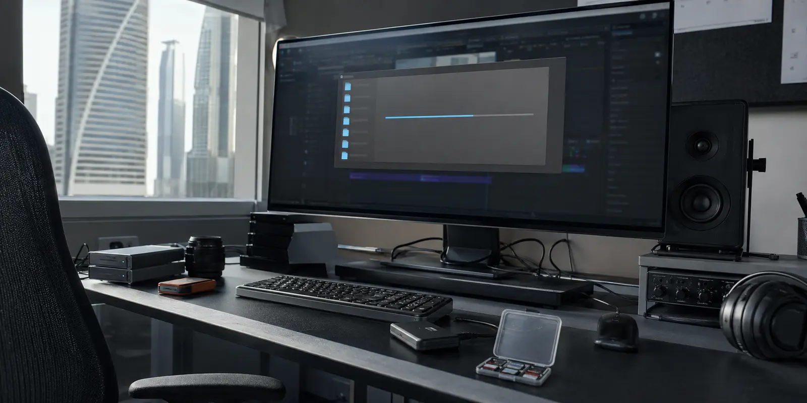 Una transferencia de vídeo detenida en la pantalla de un estudio de edición de Dubái