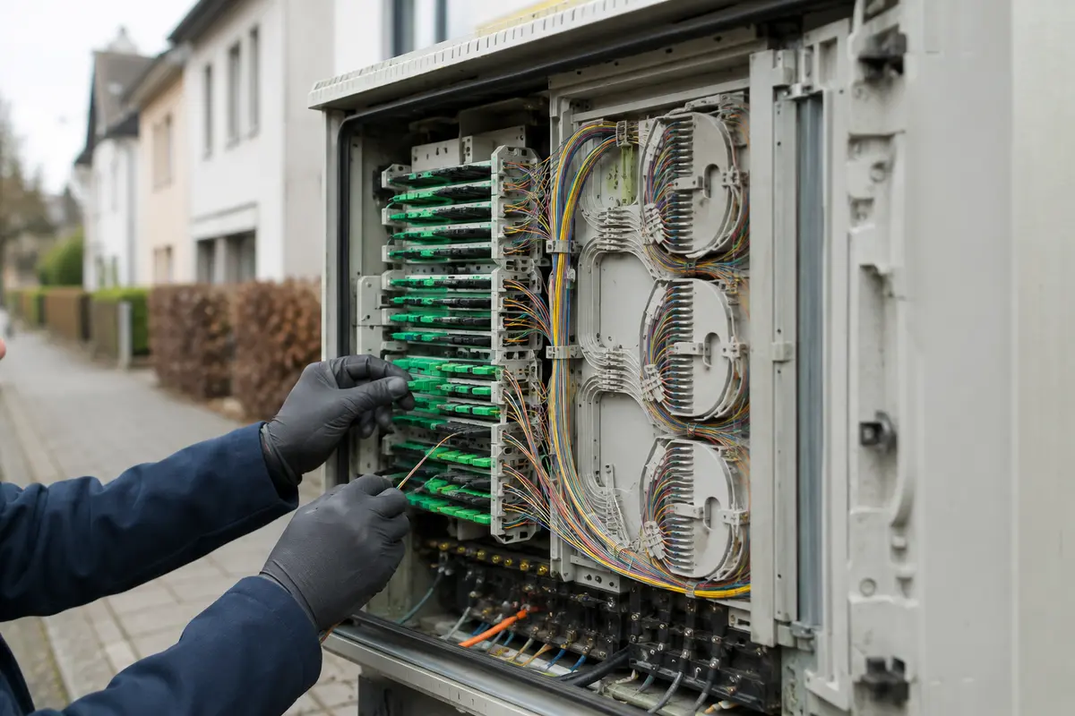 Geöffneter Glasfaserverteiler in einer deutschen Wohnstraße mit vielen gebündelten Anschlüssen