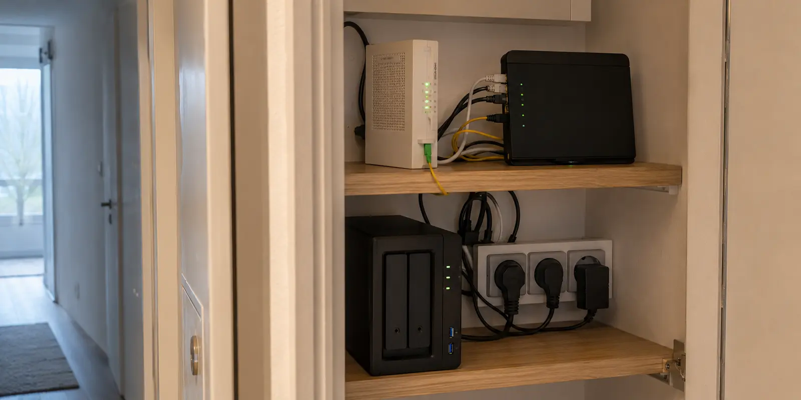 Eingeschaltetes NAS, Glasfasermodem und Router in einem deutschen Heimnetz