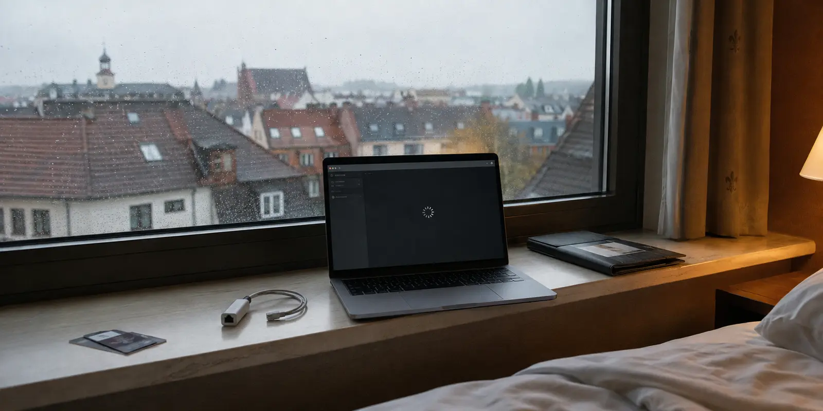 Laptop im deutschen Hotelzimmer, dessen VPN-Verbindung zum Heimrouter nicht zustande kommt
