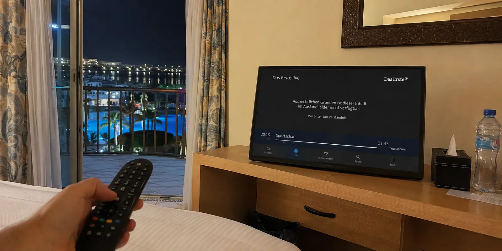 Deutscher Livestream mit Auslandssperre auf einem Hotelbildschirm in Hurghada
