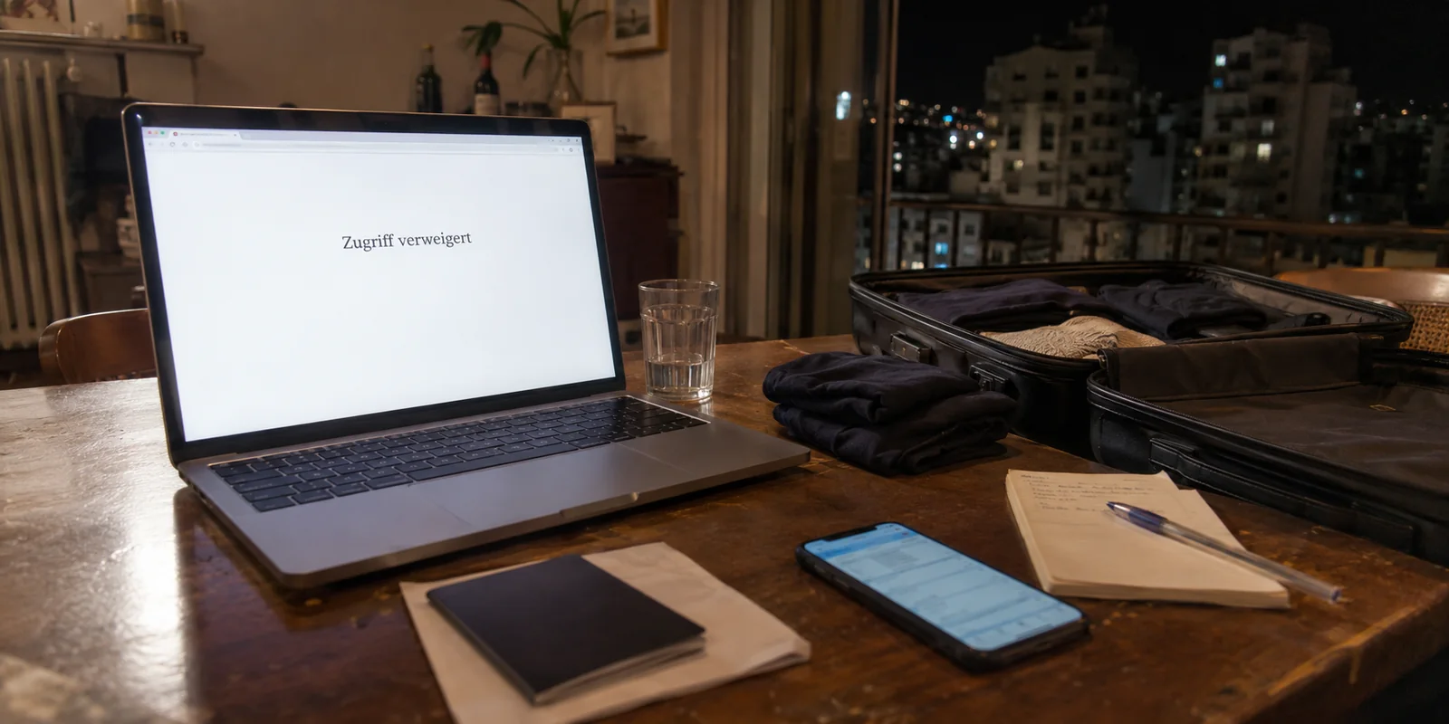 Gesperrtes Reiseportal auf einem Laptop neben einem gepackten Koffer in Beirut