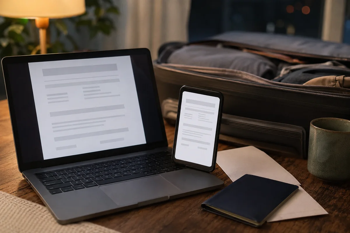 Heruntergeladene Reiseunterlagen auf Laptop und Smartphone neben einem gepackten Koffer