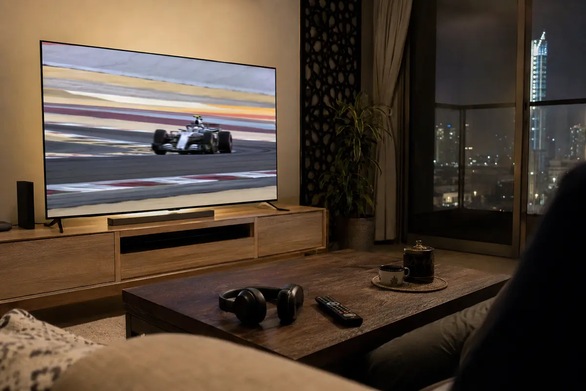 Laufender Motorsportstream am Abend in einer Wohnung in Manama