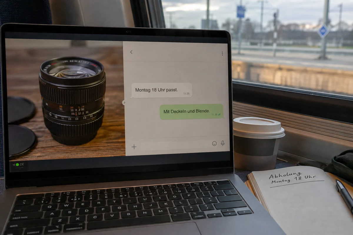 Erfolgreich geöffneter Kleinanzeigen-Chat zu einem gebrauchten Kameraobjektiv im Zug