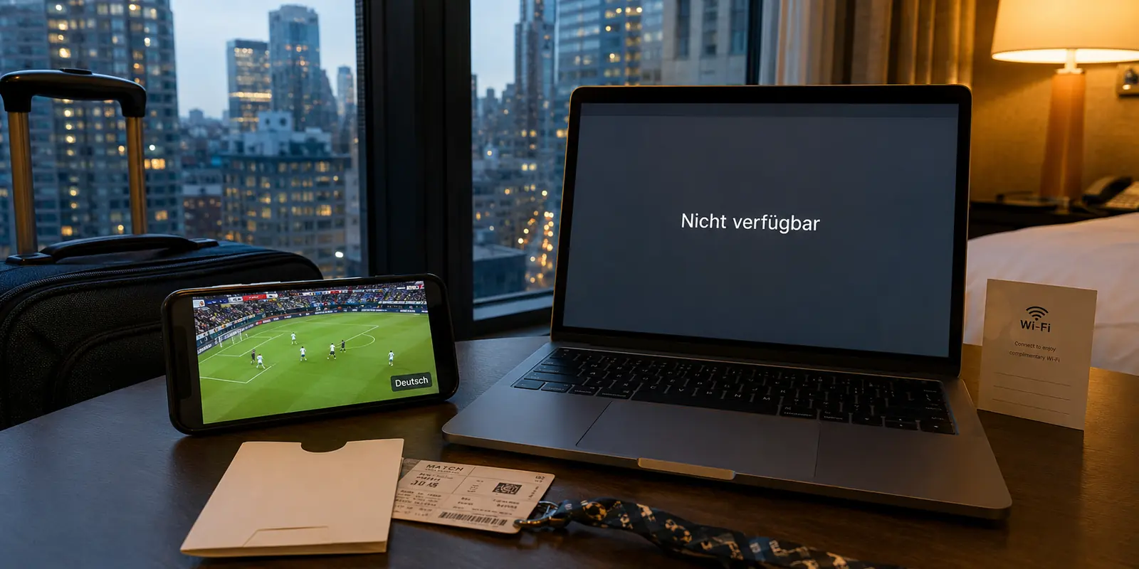 Der deutsche Fußballstream läuft im New Yorker Hotel auf dem Roaming-Handy, bleibt im Hotel-WLAN auf dem Laptop aber nicht verfügbar