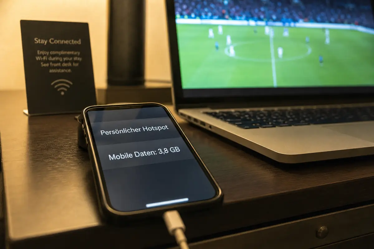 Ein deutsches Roaming-Handy versorgt den Laptop beim Fußballstream per Hotspot und zeigt dabei den mobilen Datenverbrauch
