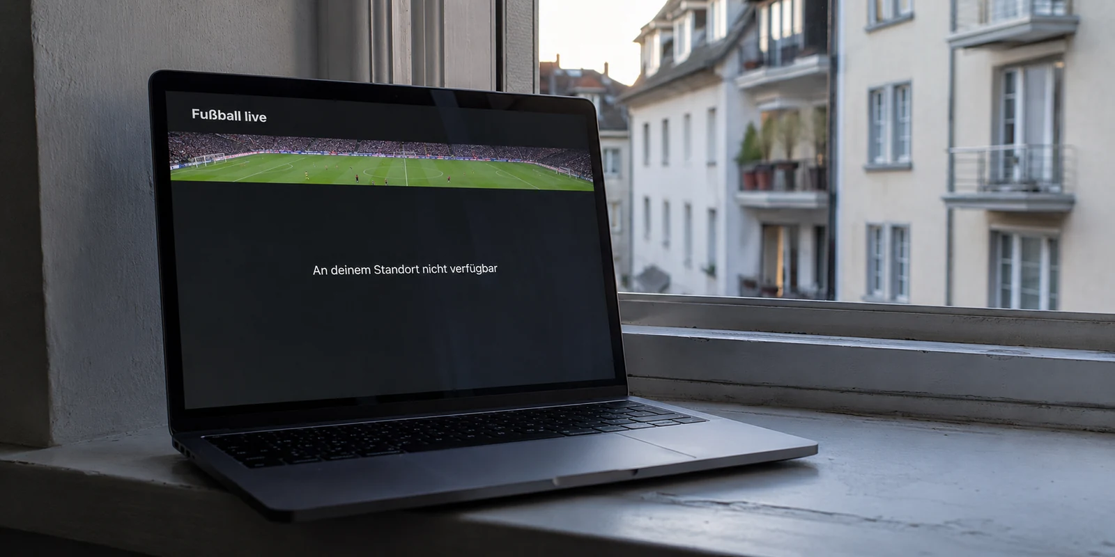 Ein Fußball-Livestream auf einem Laptop am Fenster meldet, dass der Inhalt am Standort nicht verfügbar ist.