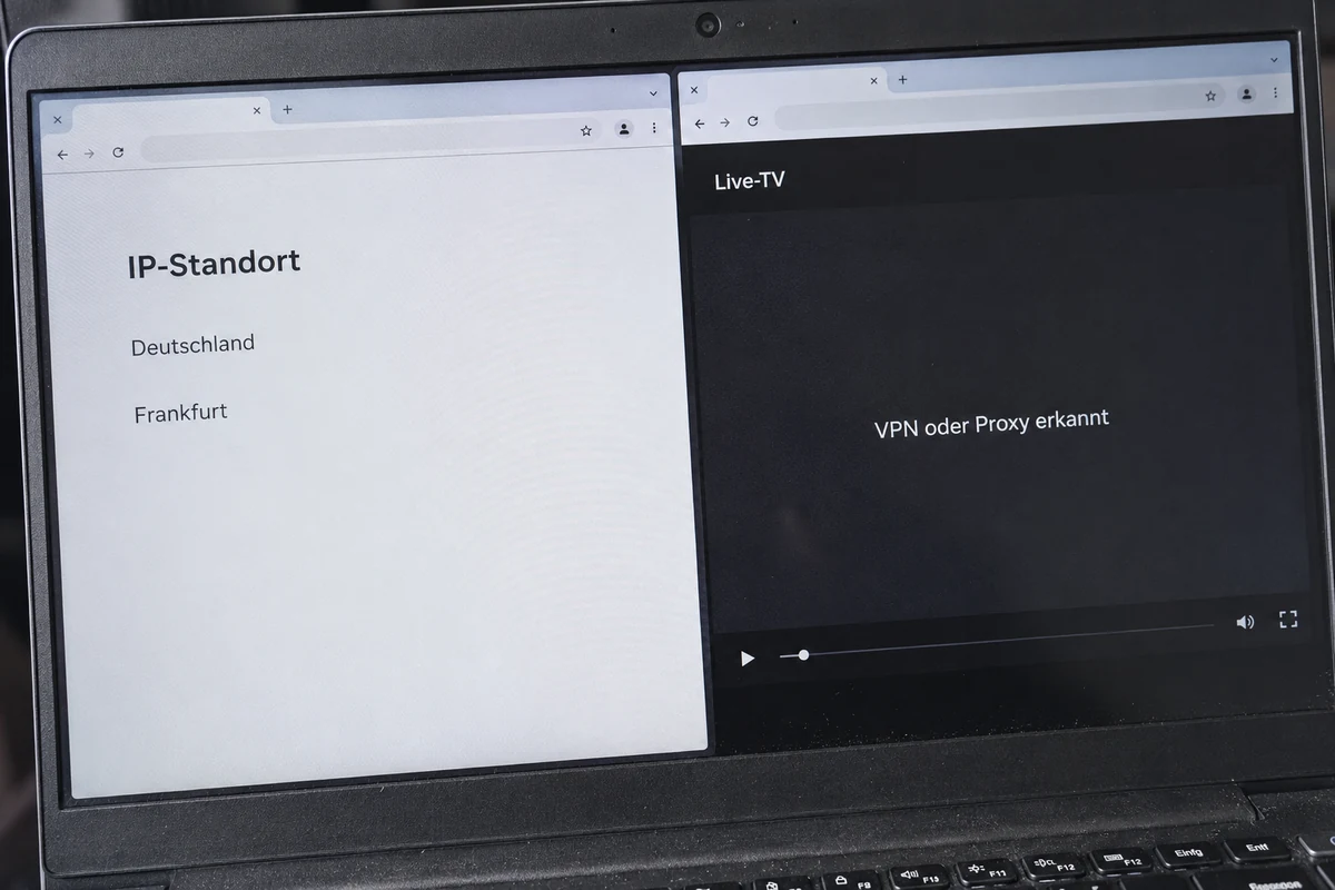 Der IP-Check zeigt Frankfurt in Deutschland, während der Videoplayer eine VPN- oder Proxy-Verbindung erkennt.